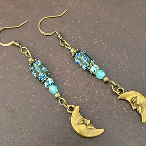 Crescent MOON Face Charm Earrings Millefiori Picasso Bronze Plated Hook Earwires - Picture 4 of 13